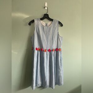 THML Anthropologie Blue White Striped with Colorful Tassles Shift Dress Size S